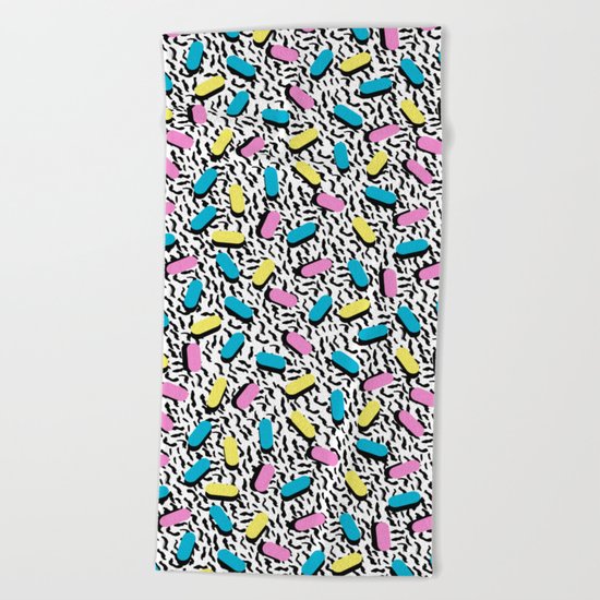 Poppin - memphis throwback retro 1980s 80s style classic trendy hipster pattern bright neon dorm Beach Towel