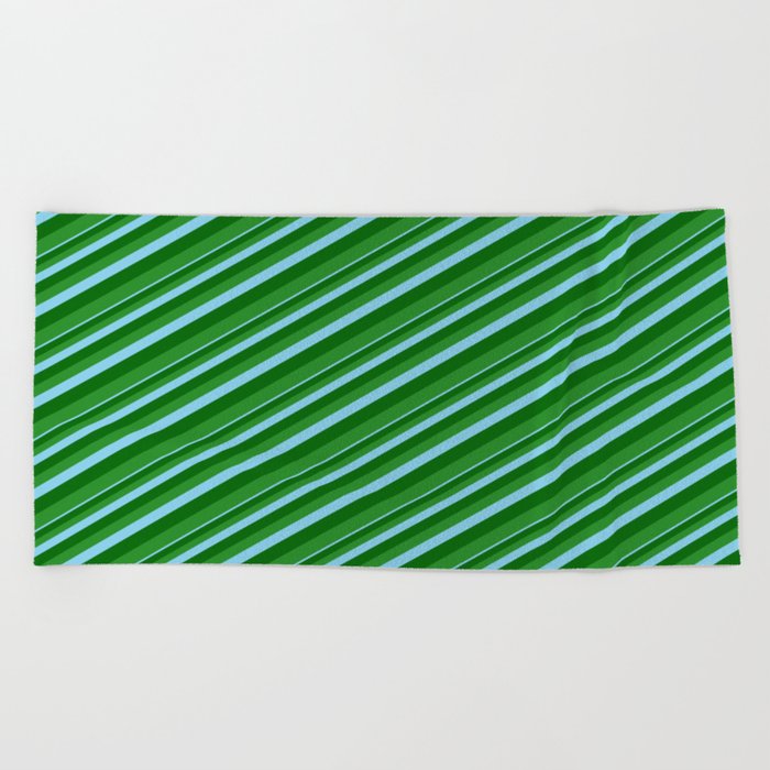 Sky Blue, Dark Green, and Forest Green Colored Lined Pattern Beach Towel