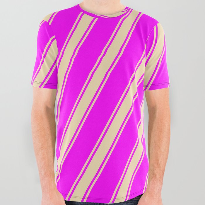 Fuchsia and Tan Colored Lined Pattern All Over Graphic Tee
