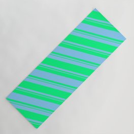 [ Thumbnail: Light Sky Blue and Green Colored Pattern of Stripes Yoga Mat ]