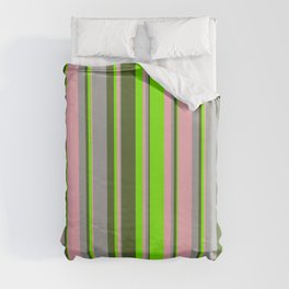 [ Thumbnail: Light Pink, Dark Grey, Dark Olive Green, and Chartreuse Colored Lines/Stripes Pattern Duvet Cover ]