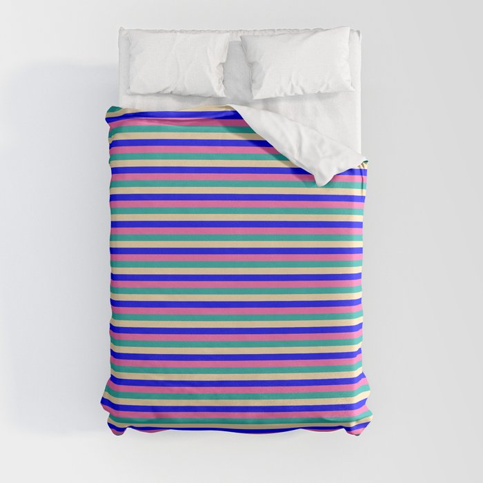 Light Sea Green, Beige, Blue, and Hot Pink Colored Lined/Striped Pattern Duvet Cover