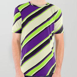 [ Thumbnail: Indigo, Light Green, Light Yellow, and Black Colored Stripes Pattern All Over Graphic Tee ]