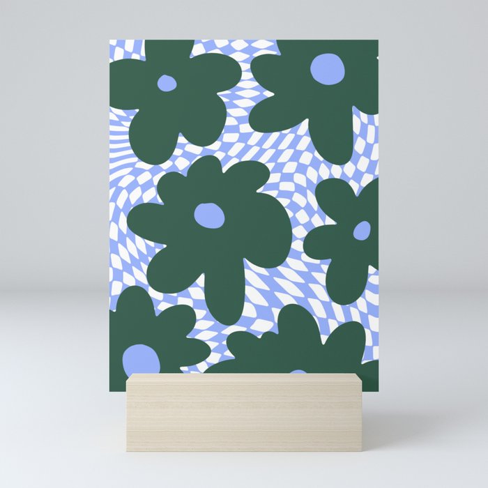  Retro Flowers on Warped Checkerboard \\ DEEP GREEN & PASTEL INDIGO COLOR PALETTE Mini Art Print
