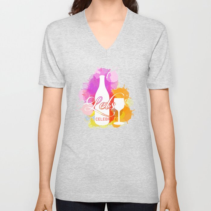 Happy New year celebration with champagne bottle and glass watercolor splash in warm color scheme V Neck T Shirt