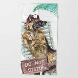 Lounge in the Sun, funny German shepherd dog GSD watercolor painting Beach Towel