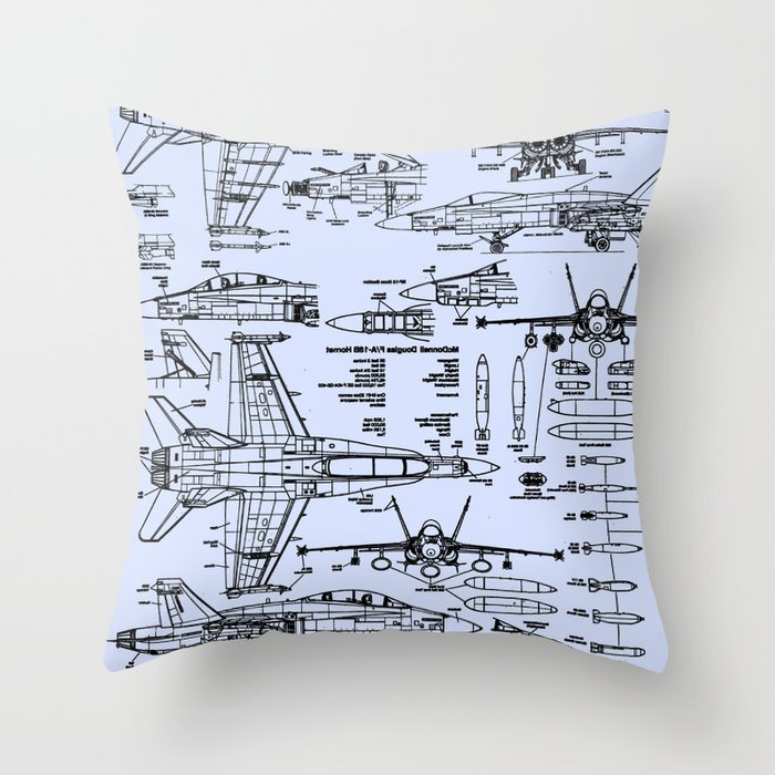F-18 Blueprints // Light Blue Throw Pillow