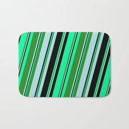 [ Thumbnail: Green, Forest Green, Powder Blue, and Black Colored Striped/Lined Pattern Bath Mat ]