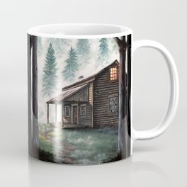 Cabin in the Pines Coffee Mug | Glowing, Cabin, Illustration, Trees, Forest, Light, Realism, Orange, Painting, Nature 