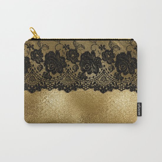 Black luxury lace on gold glitter effect metal- Elegant design on #Society6 Carry-All Pouch