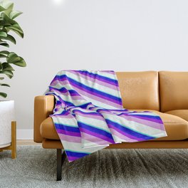 [ Thumbnail: Blue, Dark Violet, Plum, Mint Cream & Turquoise Colored Stripes/Lines Pattern Throw Blanket ]