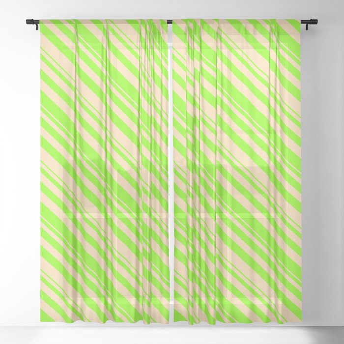 Chartreuse and Tan Colored Lined Pattern Sheer Curtain