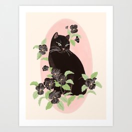 Black Cat and Pansy Art Print