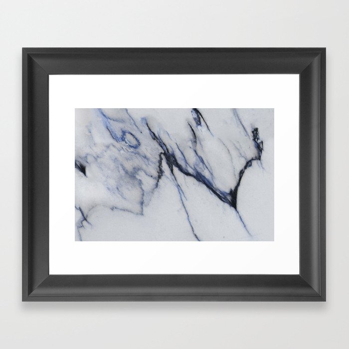 White Marble with Black and Blue Veins Framed Art Print