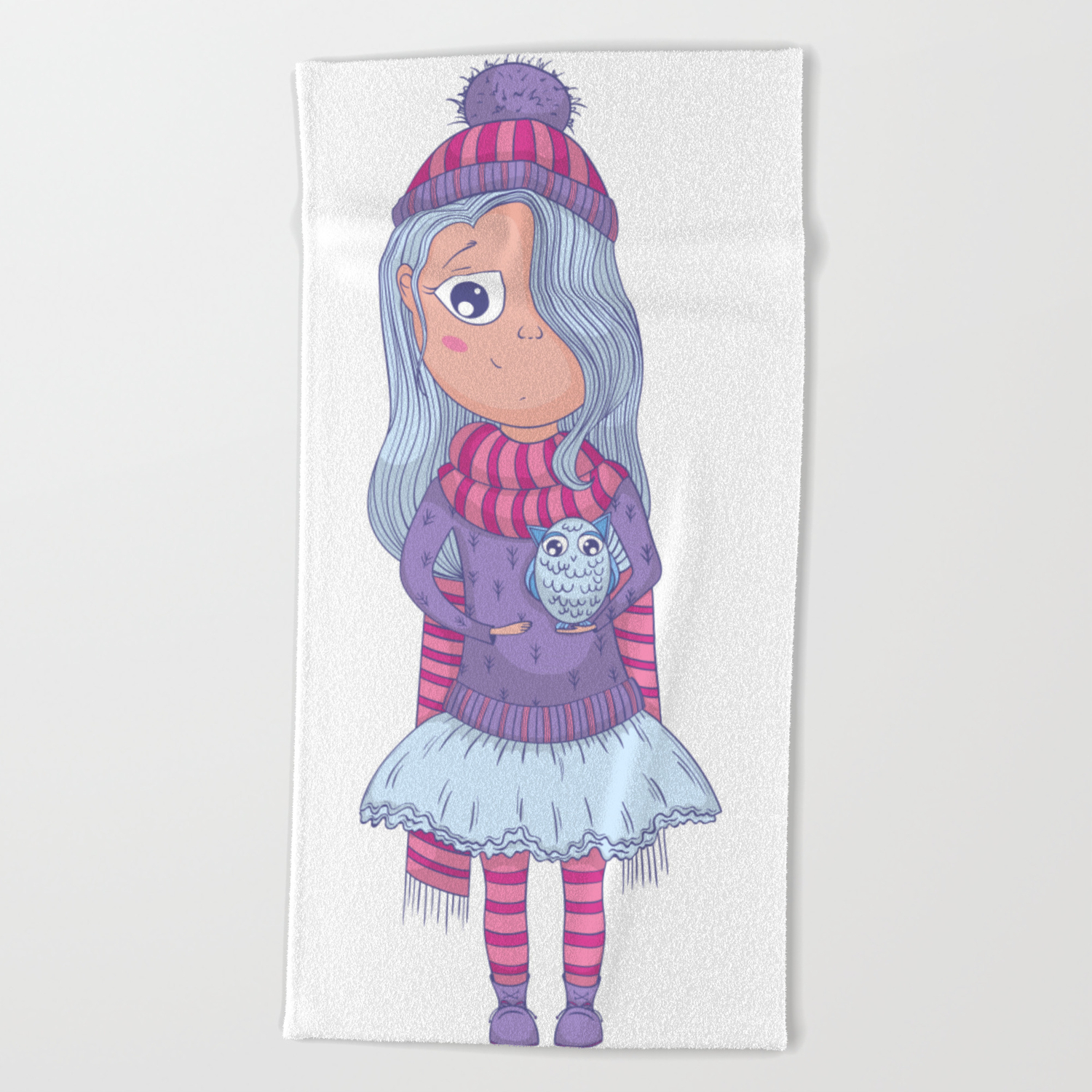 Cute Anime Girl In Tutu And Winter Clothes With Owl Cartoon Character Beach Towel By Kateja2 Society6