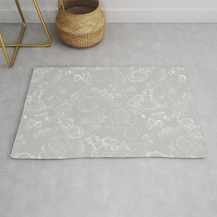 Light Grey and White Toys Outline Pattern Rug
