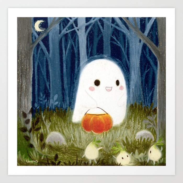 Little ghost and pumpkin Art Print