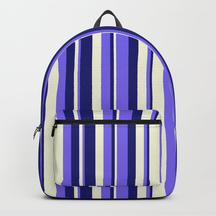 Beige, Medium Slate Blue & Midnight Blue Colored Lined Pattern Backpack