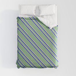 [ Thumbnail: Dark Sea Green, Pale Goldenrod, and Blue Colored Striped Pattern Duvet Cover ]