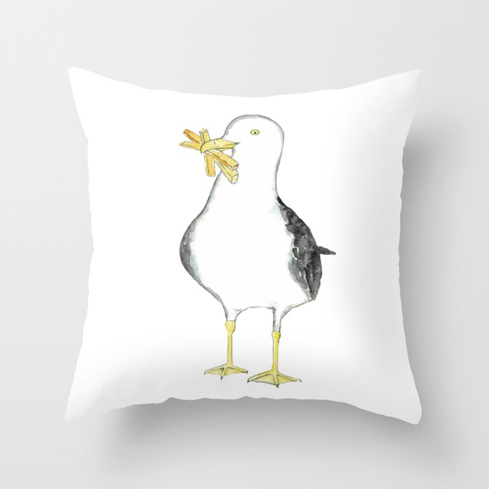 Seagull french fries watercolor Throw Pillow
