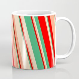 [ Thumbnail: Red, Sea Green, Bisque & Light Salmon Colored Lines/Stripes Pattern Coffee Mug ]