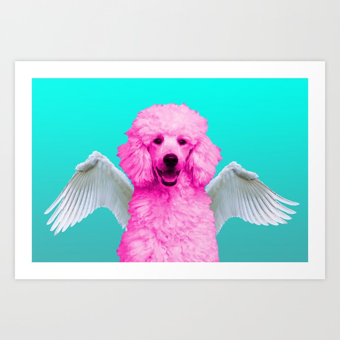 Pop Art Pink Poodle Angel Wings - turquoise #poodle #angel Art Print