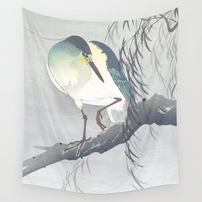 Blue Heron Sitting On A Willow Tree Vintage Japanese Woodblock