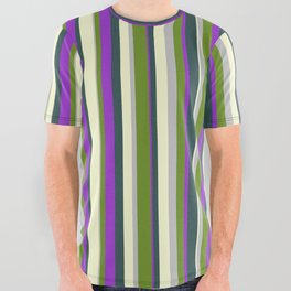 [ Thumbnail: Colorful Light Yellow, Dark Slate Gray, Dark Orchid, Green, and Grey Colored Striped Pattern All Over Graphic Tee ]