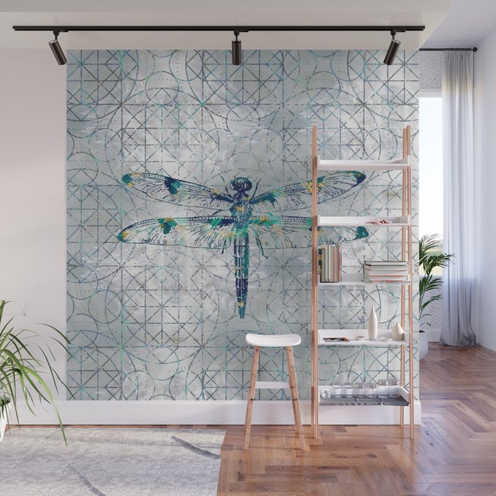 Gemstone Dragonfly on sacred geometry pattern Wall Mural