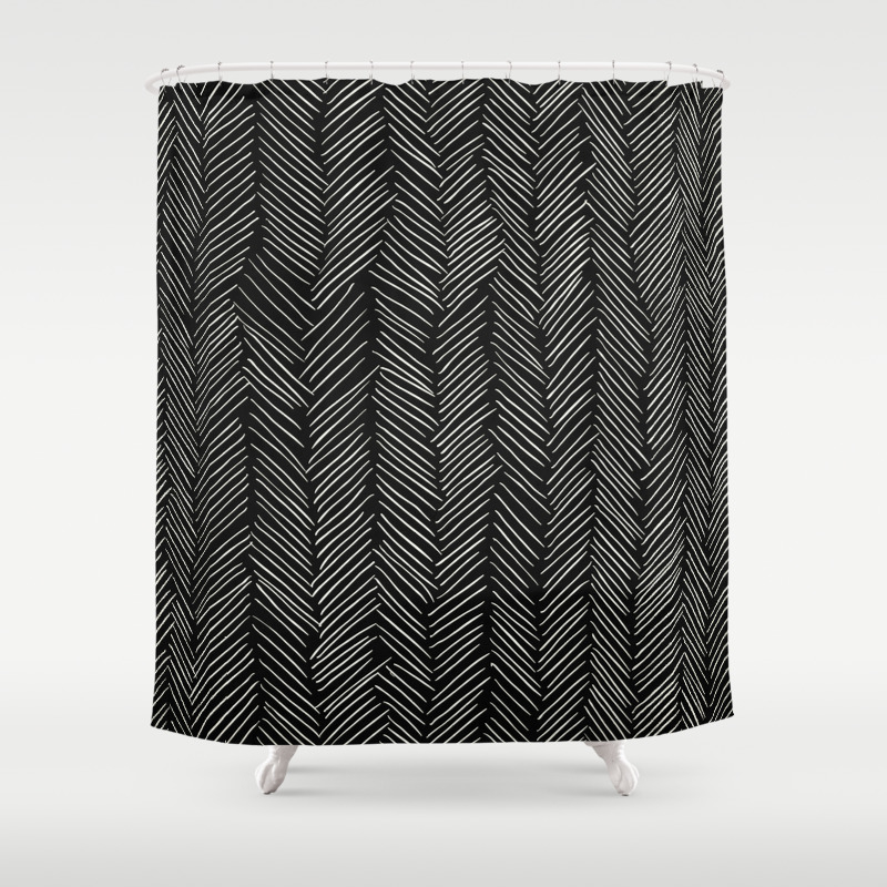 Herringbone Cream On Black Shower Curtain