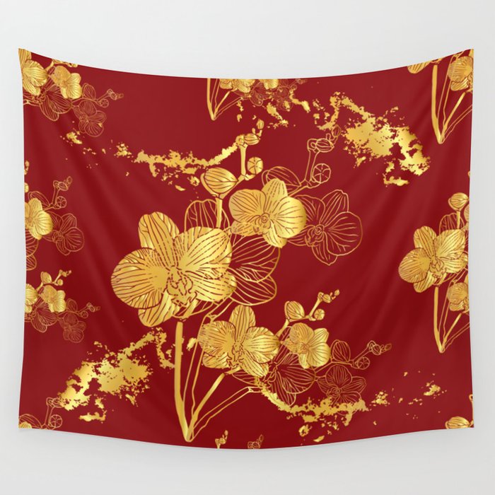Gold & Maroon Floral Orchid Pattern Wall Tapestry