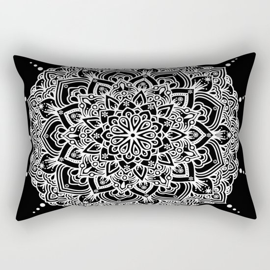 White Mandala With Droplets On Black Rectangular Pillow