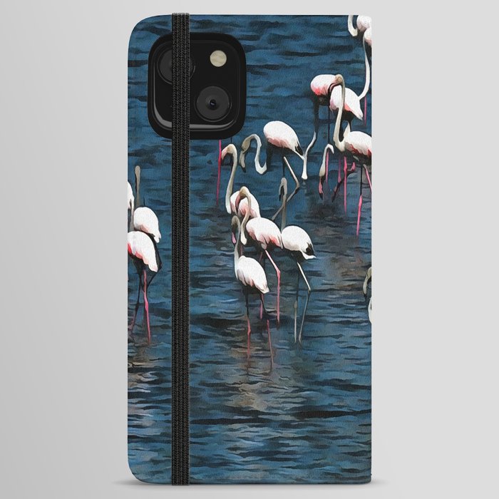 Flamingo Birds In Pink and White On Blue iPhone Wallet Case