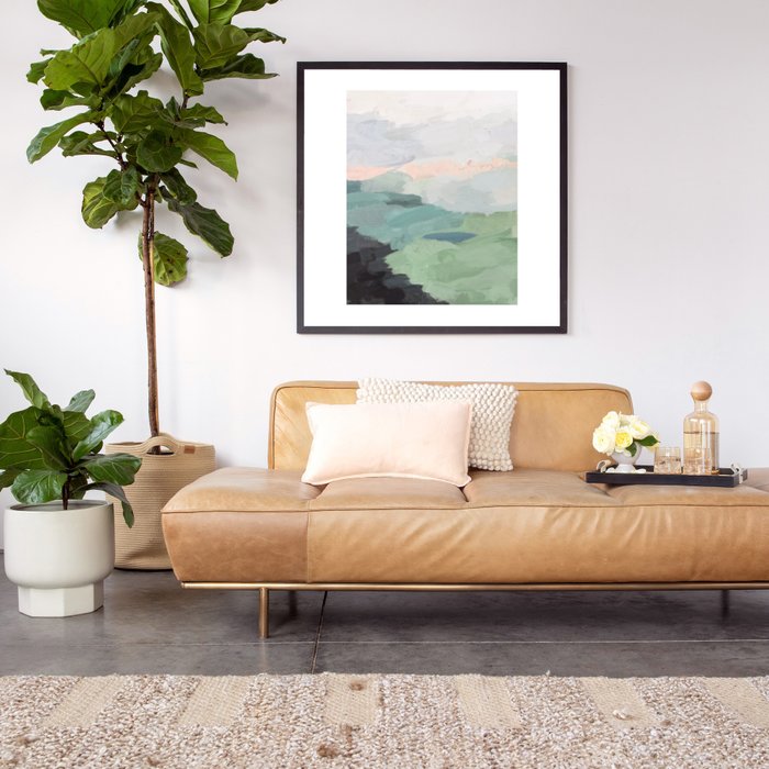 Farmland Sunset II - Seafoam Green Mint Black Blush Pink Abstract Nature Land Art Painting