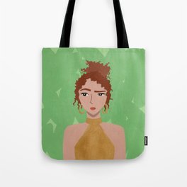 Girl with Curly Hair in a Gold Dress Tote Bag | Metallics, Woman, Girl, Cute, Noelle, Kara, Pigeon, Feminist, Illustration, Tropical 