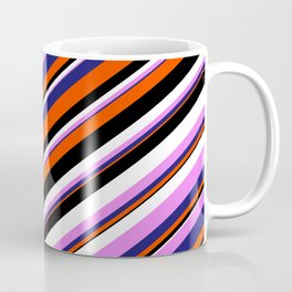 [ Thumbnail: Eyecatching Violet, Midnight Blue, Red, Black & White Colored Lines/Stripes Pattern Coffee Mug ]