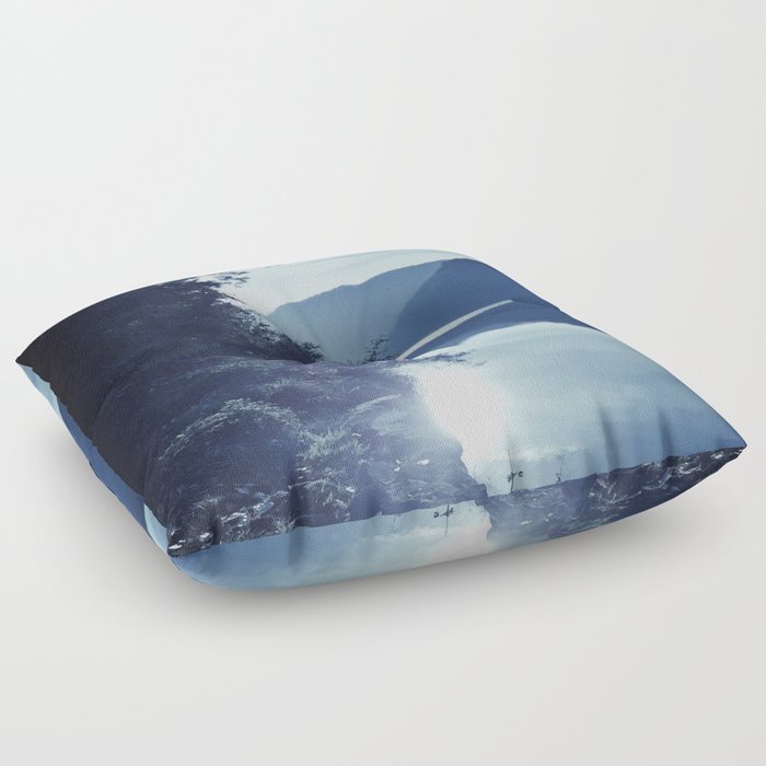 Deep blue northern mountain lake shore sunset Floor Pillow