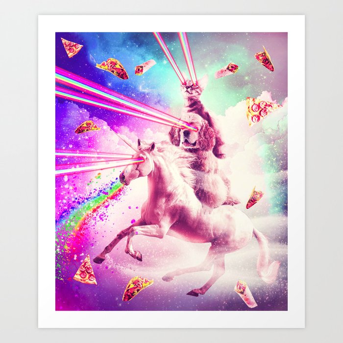 Laser Eyes Space Cat Riding Dog Unicorn Rainbow Art Print By