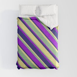[ Thumbnail: Dark Sea Green, Dark Violet, Midnight Blue, and Tan Colored Lines Pattern Comforter ]