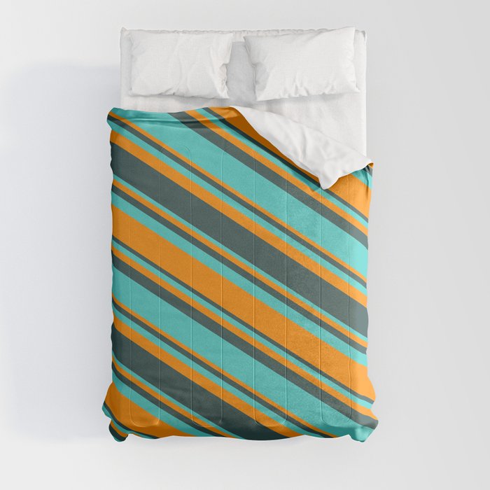 Turquoise, Dark Orange & Dark Slate Gray Colored Pattern of Stripes Comforter