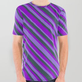[ Thumbnail: Purple, Dark Slate Gray, and Dark Violet Colored Lines Pattern All Over Graphic Tee ]