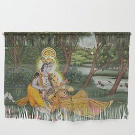 Indian Masterpiece: Radha Krishna in the garden by the stream with lotus flowers landscape painting Wall Hanging