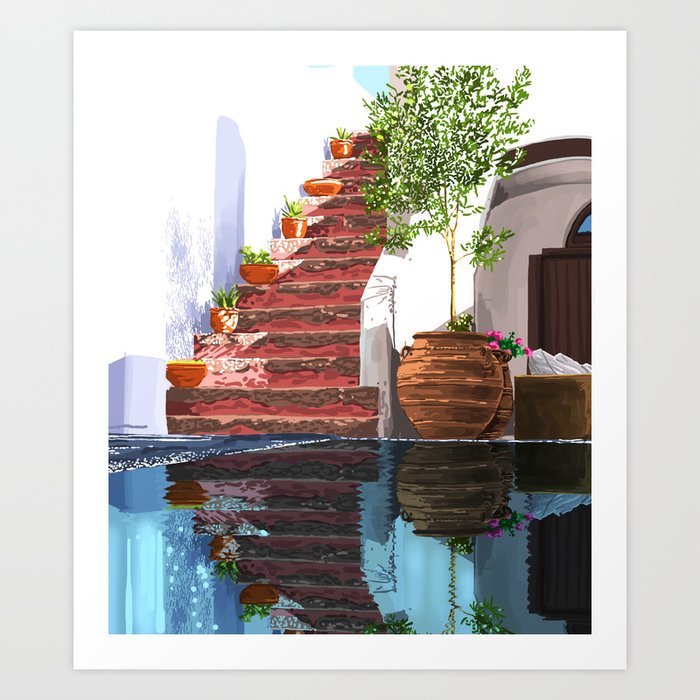 Serenity Weekend | Mindful Travel Greece Architecture | Rustic Earthy Swim Pool | Peace & Positivity Art Print