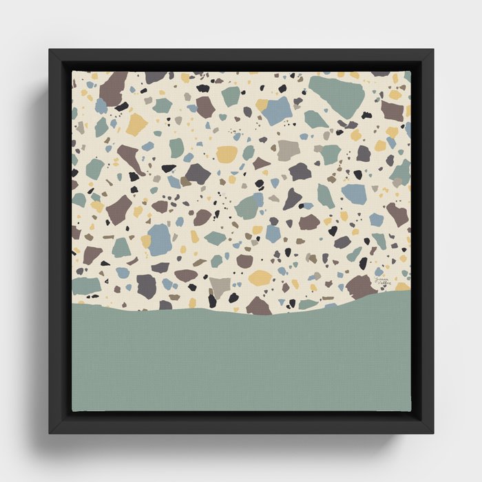 Retro Terrazzo Marble Dipped in Teal Framed Canvas