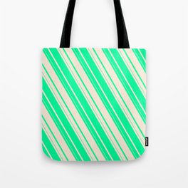 [ Thumbnail: Green and Beige Colored Striped/Lined Pattern Tote Bag ]