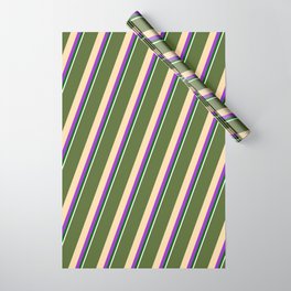 [ Thumbnail: Dark Olive Green, Tan, Dark Orchid, Dark Green, and White Colored Striped/Lined Pattern Wrapping Paper ]