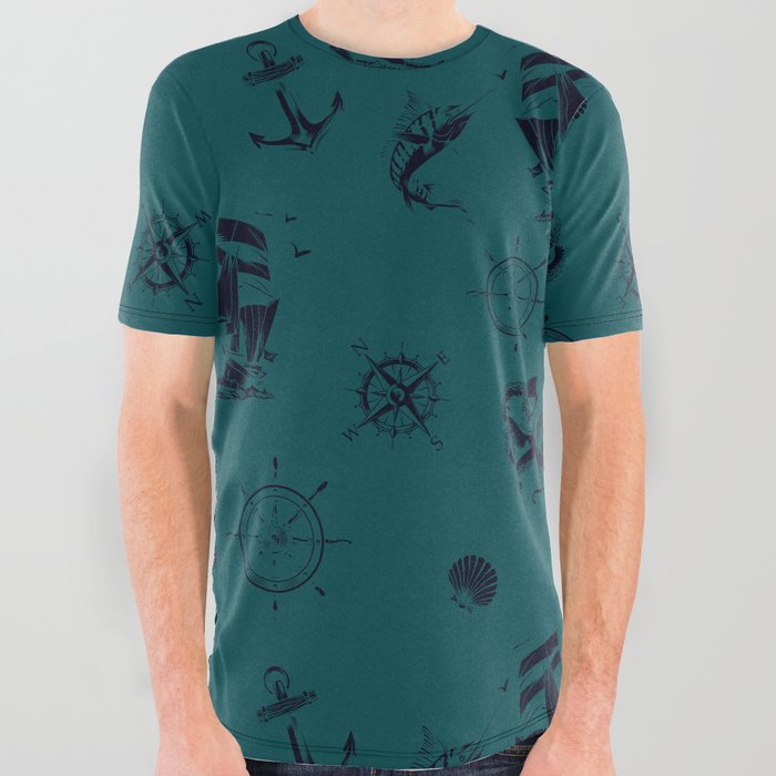Teal Blue And Blue Silhouettes Of Vintage Nautical Pattern All Over Graphic Tee
