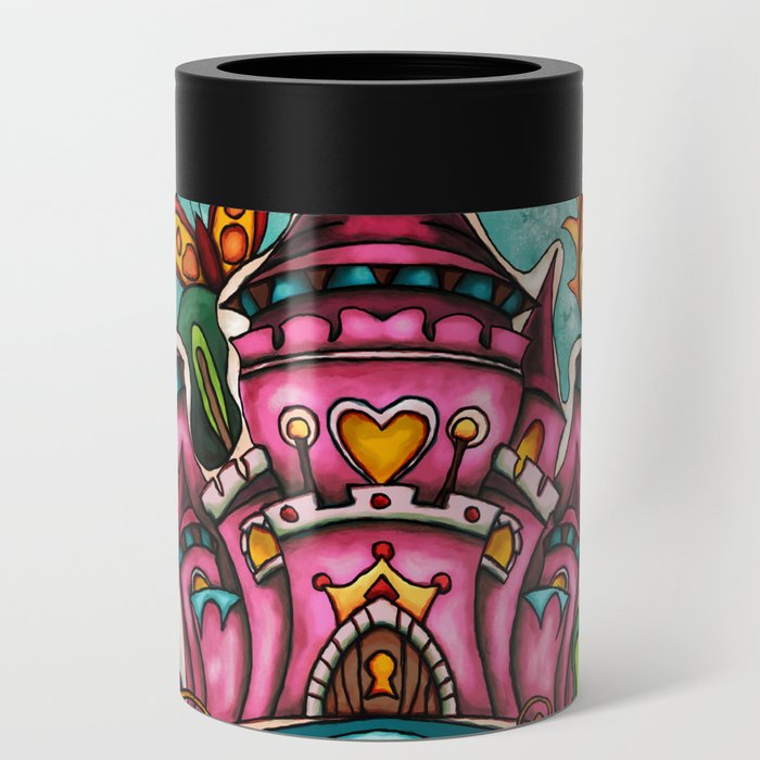 Pink princess castle in fairytale garden painting, whimsical landscape Can Cooler