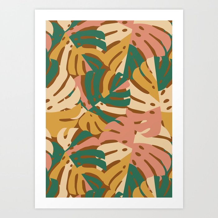 Monstera Leaves - Gold - Green - Pink Art Print