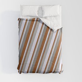 [ Thumbnail: Brown, Dark Gray, Lavender & Grey Colored Stripes Pattern Comforter ]